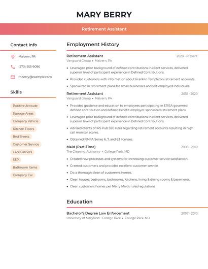 Retirement Assistant Resume