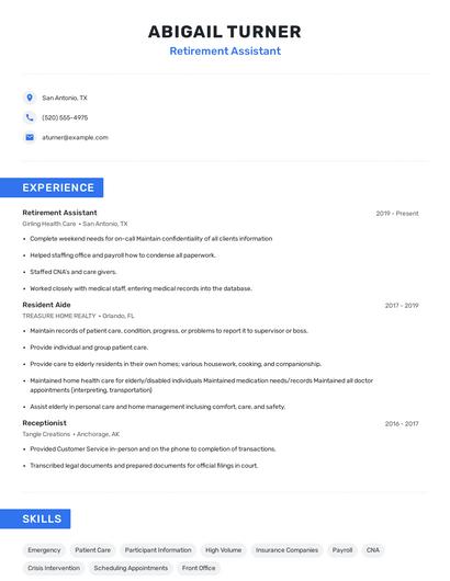 Retirement Assistant Resume