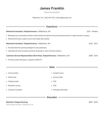 Retirement Assistant Resume
