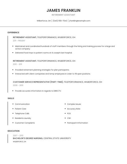 Retirement Assistant Resume