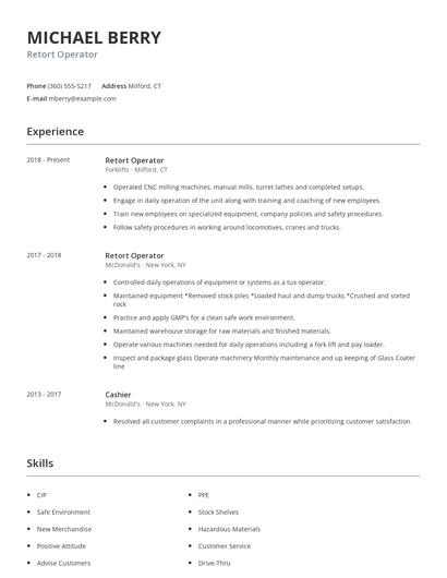 Retort Operator Resume