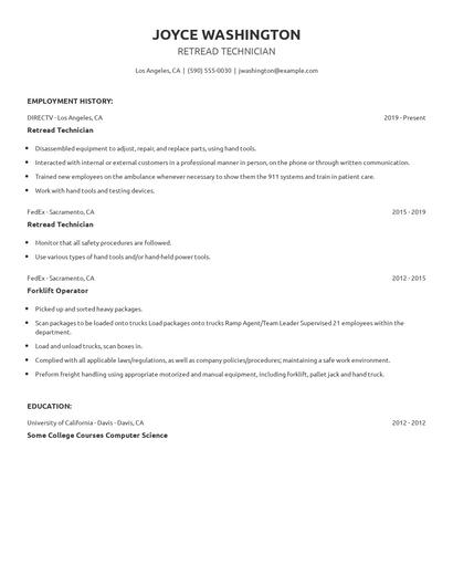 Retread Technician Resume