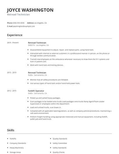 Retread Technician Resume