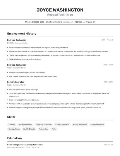 Retread Technician Resume