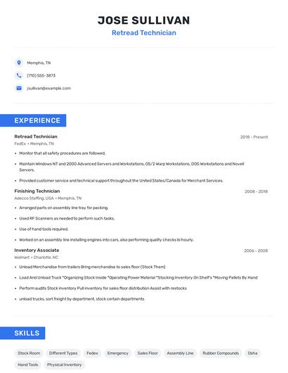 Retread Technician Resume