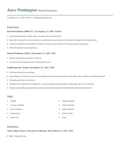 Retread Technician Resume