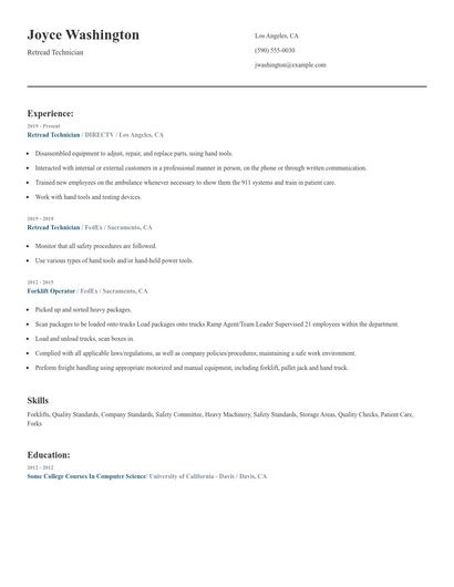 Retread Technician Resume