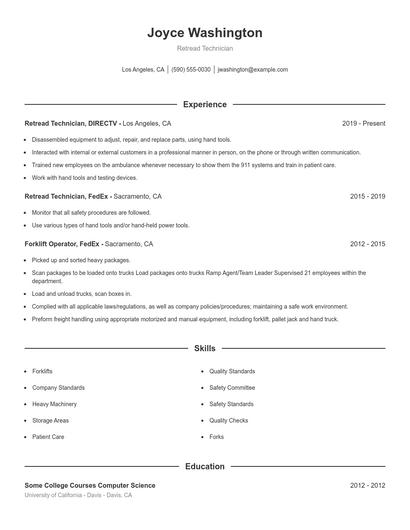 Retread Technician Resume