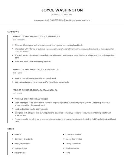 Retread Technician Resume