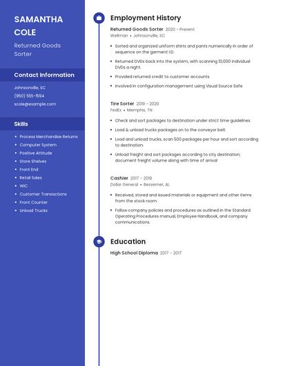 Returned Goods Sorter Resume