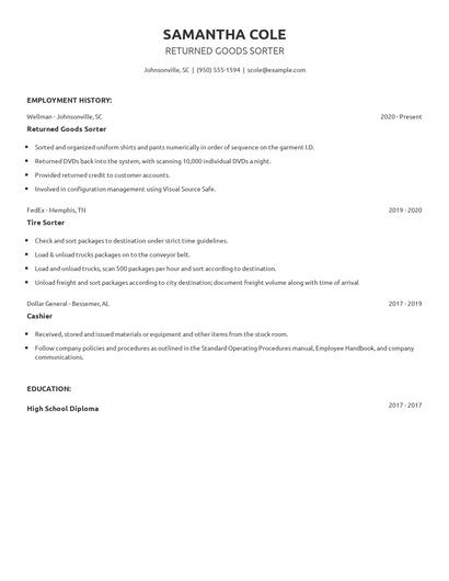 Returned Goods Sorter Resume