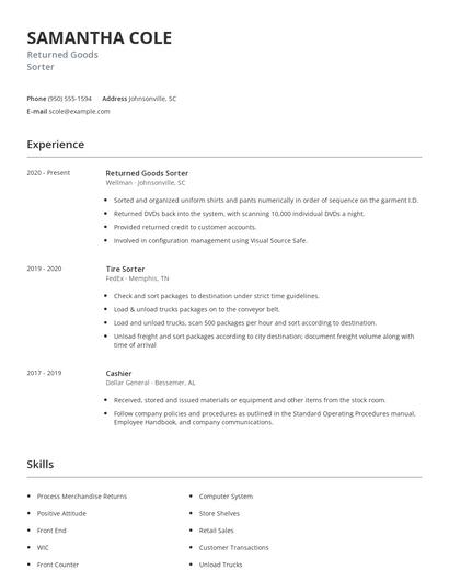 Returned Goods Sorter Resume