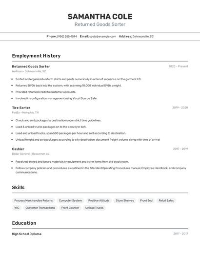 Returned Goods Sorter Resume
