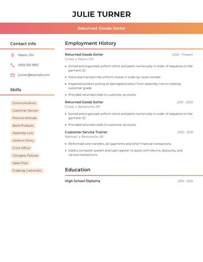 Returned Goods Sorter Resume