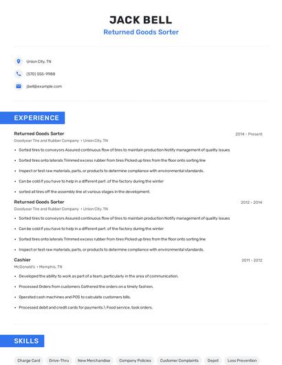 Returned Goods Sorter Resume