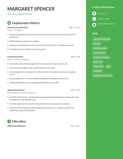 Returned Goods Sorter Resume