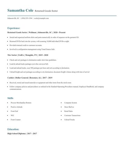 Returned Goods Sorter Resume