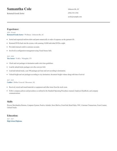 Returned Goods Sorter Resume