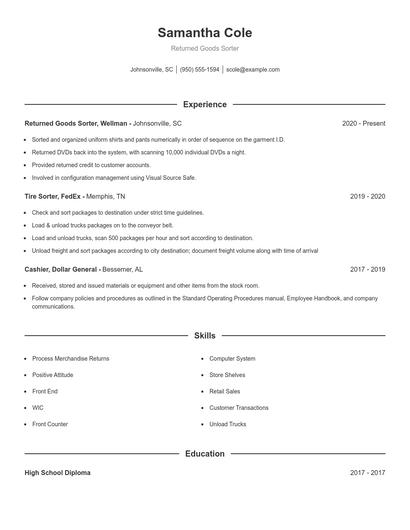 Returned Goods Sorter Resume