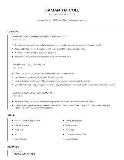 Returned Goods Sorter Resume