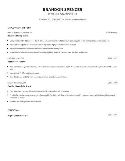 Revenue Stamp Clerk Resume