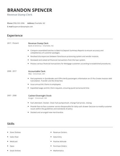 Revenue Stamp Clerk Resume