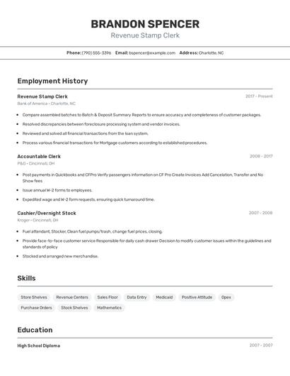 Revenue Stamp Clerk Resume