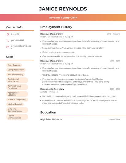 Revenue Stamp Clerk Resume