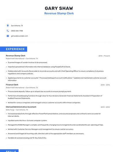Revenue Stamp Clerk Resume