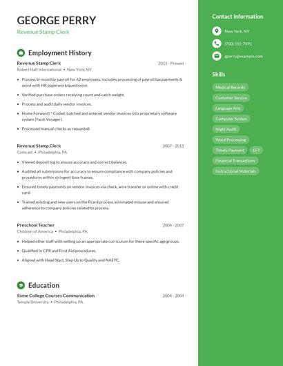 Revenue Stamp Clerk Resume