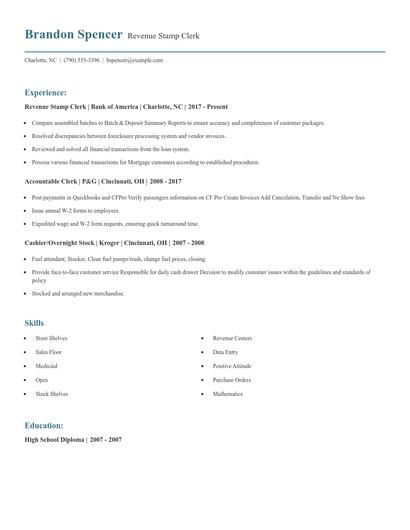 Revenue Stamp Clerk Resume