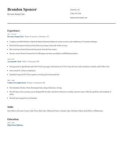 Revenue Stamp Clerk Resume