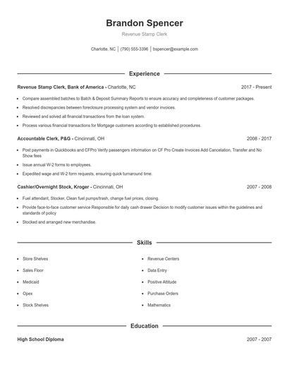 Revenue Stamp Clerk Resume
