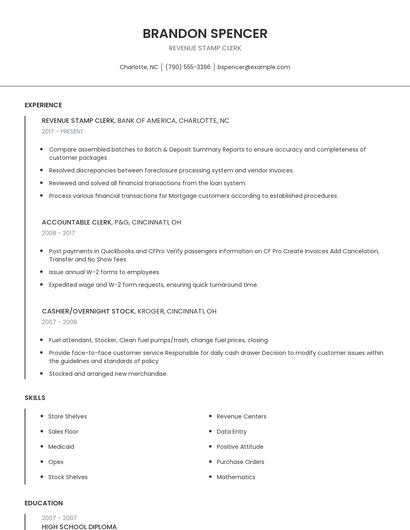 Revenue Stamp Clerk Resume