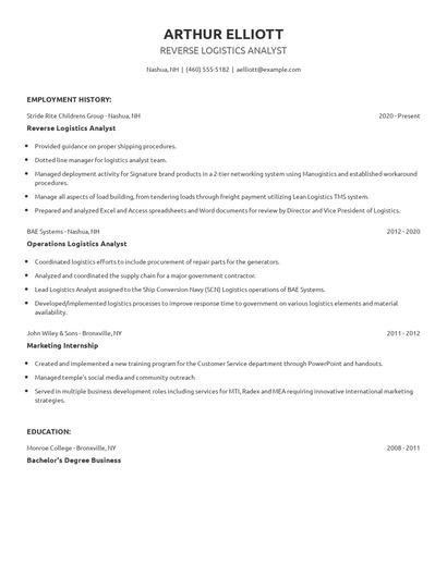 Reverse Logistics Analyst Resume
