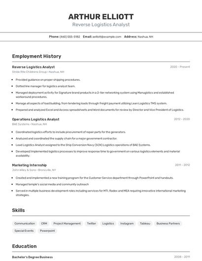 Reverse Logistics Analyst Resume