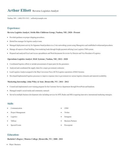 Reverse Logistics Analyst Resume