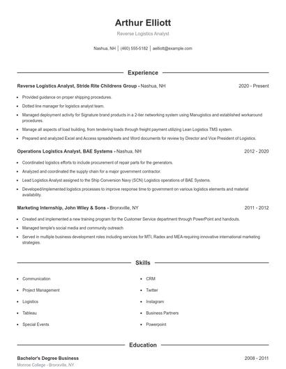 Reverse Logistics Analyst Resume