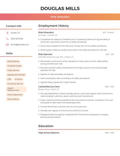 Ride Attendant Resume