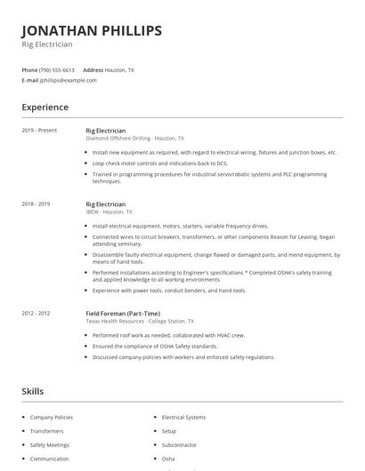 Rig Electrician Resume