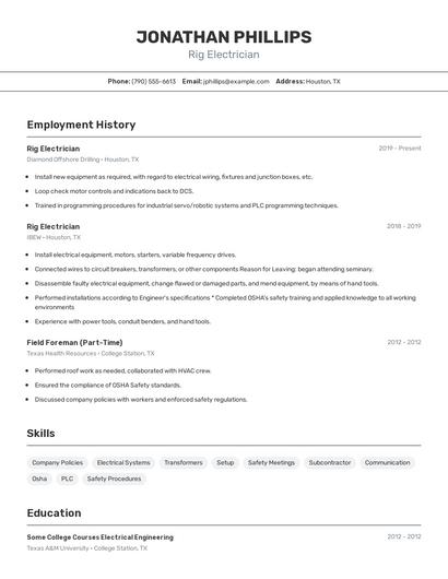 Rig Electrician Resume
