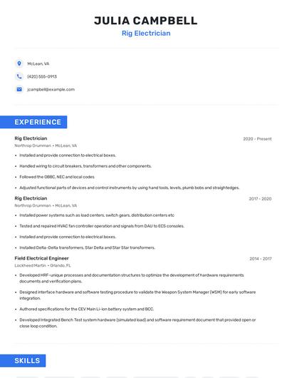 Rig Electrician Resume