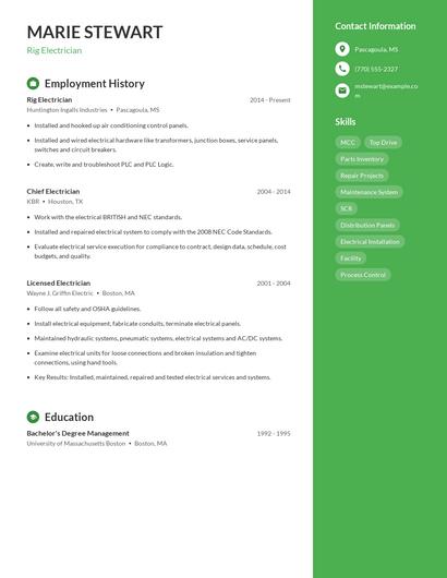 Rig Electrician Resume
