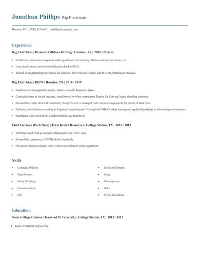 Rig Electrician Resume