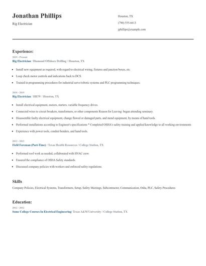 Rig Electrician Resume