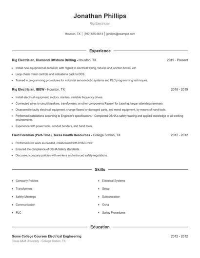 Rig Electrician Resume