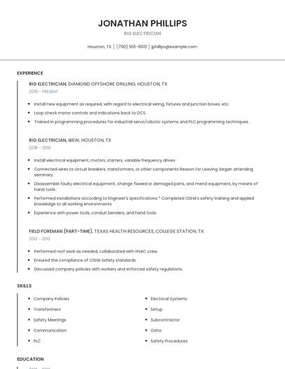 Rig Electrician Resume