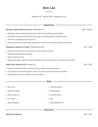 Rig Hand Resume