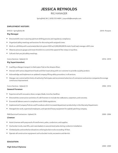 Rig Manager Resume