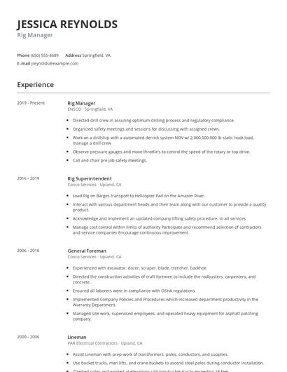 Rig Manager Resume